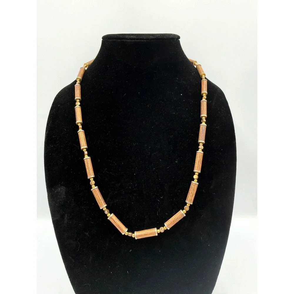 Vintage Trifari Wood Tube Bead Necklace Gold Tone Mixed Metal‎ Earthy Boho 22